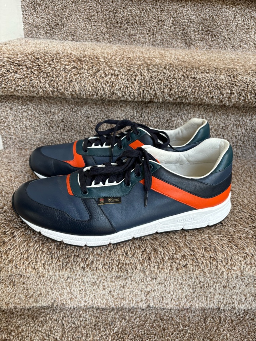 Gucci Men's Leather Athletic Sneakers in Navy and Orange Trim